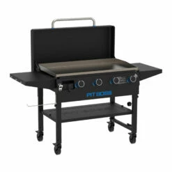 Pit Boss 4-Burner Deluxe Griddle With Side Shelves + Lid -Out Griller Shop 10963 4BDeluxe Studio Side Angle
